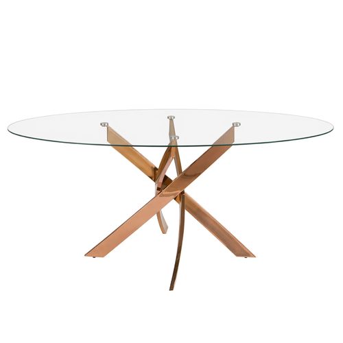 Mesa comedor ovalada cristal templado y acero rosa