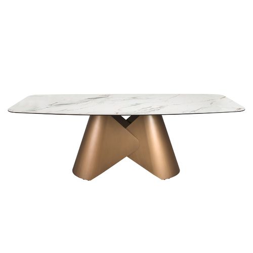 Oval dining table with porcelain marble barrel and bronze-coloured steel barrel