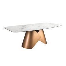 Mesa comedor ovalada barril mármol porcelánico y acero color bronce Mesa comedor ovalada barril mármol porcelánico y acero color bronce
