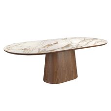 Mesa comedor ovalada medio punto mármol porcelánico y nogal