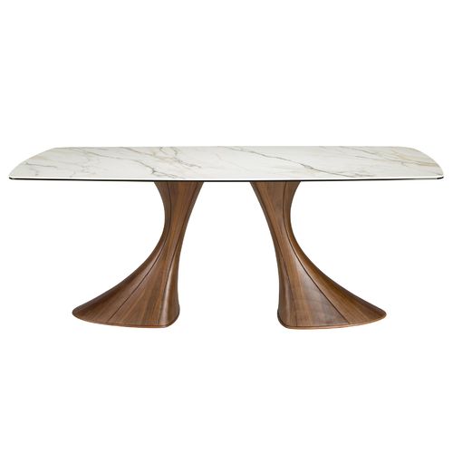 Barrel-shaped oval dining table with porcelain marble and walnut