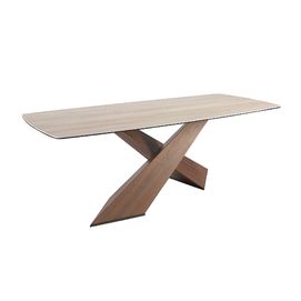 Mesa comedor ovalada barril mármol porcelánico y nogal