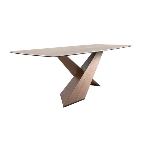 Mesa comedor ovalada barril mármol porcelánico y nogal