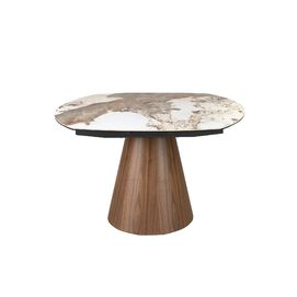 Oval barrel-shaped extendable dining table with porcelain marble top and walnut wood