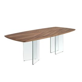 Mesa comedor ovalada barril nogal y cristal templado