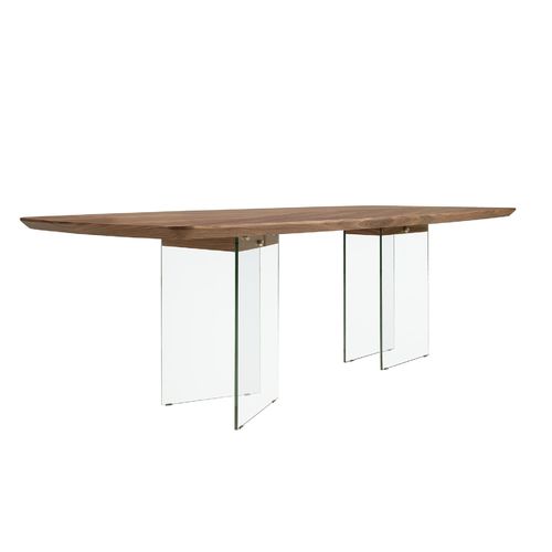 Mesa comedor ovalada barril nogal y cristal templado