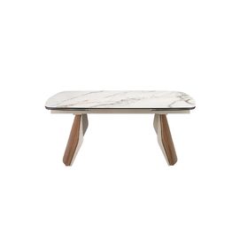 Oval barrel-shaped extendable dining table with porcelain marble top, metallic sand-coloured steel and walnut wood