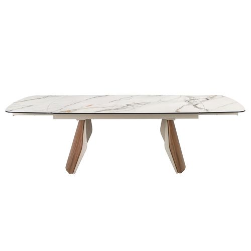 Oval barrel-shaped extendable dining table with porcelain marble top, metallic sand-coloured steel and walnut wood