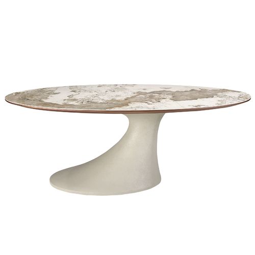 Oval dining table in porcelain marble and sand-coloured epoxy fiberglass
