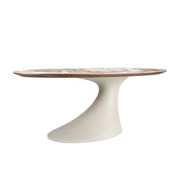 Oval dining table in porcelain marble and sand-coloured epoxy fiberglass