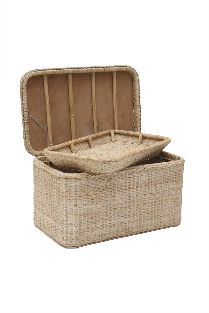 BAUL FOSSE RECT. GR. RATTAN BLANCO DECAPADO C/BAND