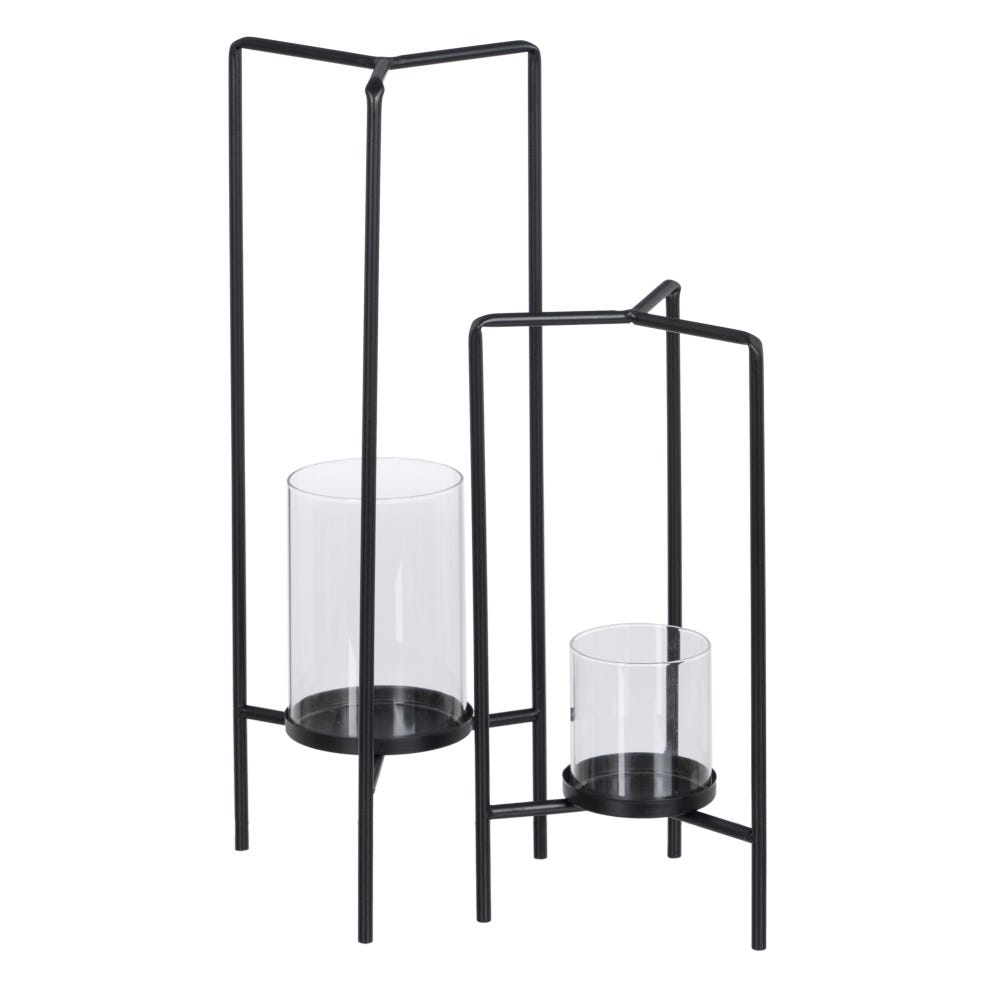 S/2 PORTAVELAS NEGRO METAL-CRISTAL 18,50 X 16,50 X 50 CM