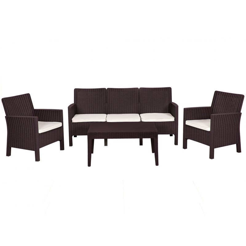 Set ADRIÁTICO, 2 Sillones + Sofá 3 plazas + mesa, polipropileno chocolate, cojines incluidos