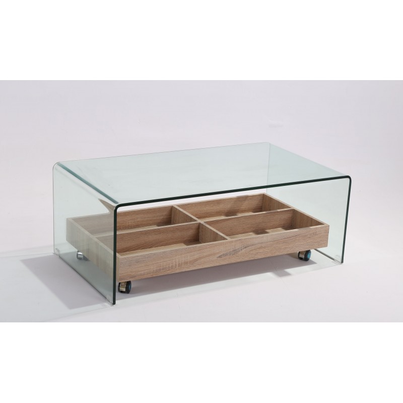 Mesa ARIANA, baja, cristal templado, madera,110x55 cms