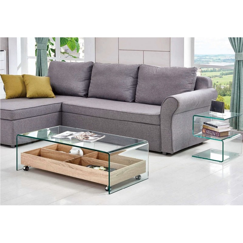 Mesa ARIANA, baja, cristal templado, madera,110x55 cms