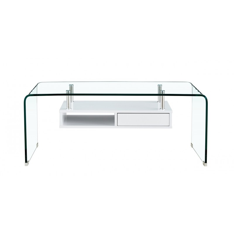 Mesa NEWARK, baja, estante blanco, cristal curvado, 110 x 60 cms