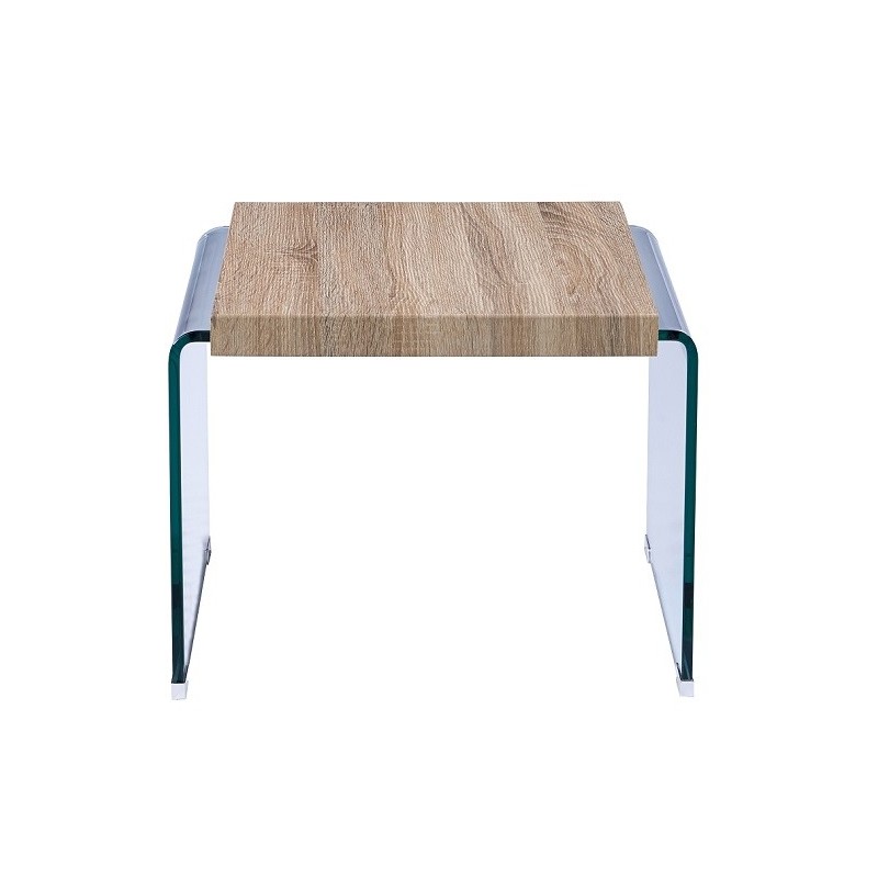 Mesa OSIRIS, baja, madera, cristal curvado, 55x55 cms