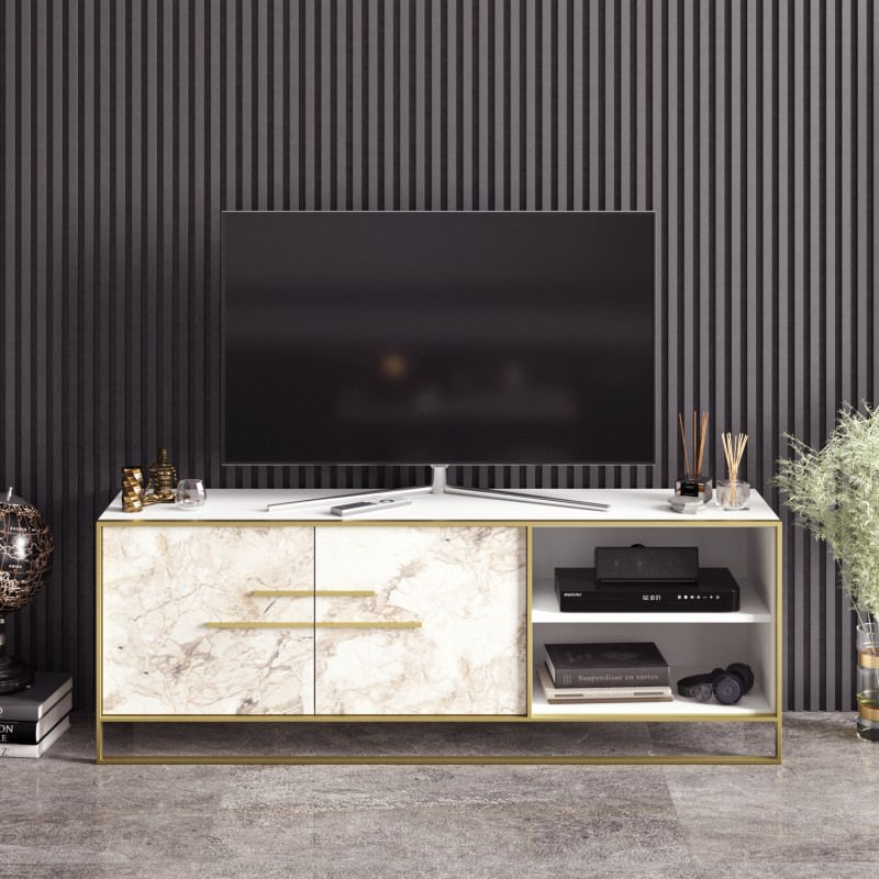 Mueble de TV SIENA, biIaminado mármol blanco con metal dorado, 160 cms.