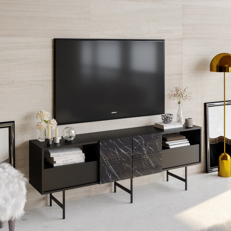 Mueble de TV SIMON, biIaminado mármol negro, 180 cms.